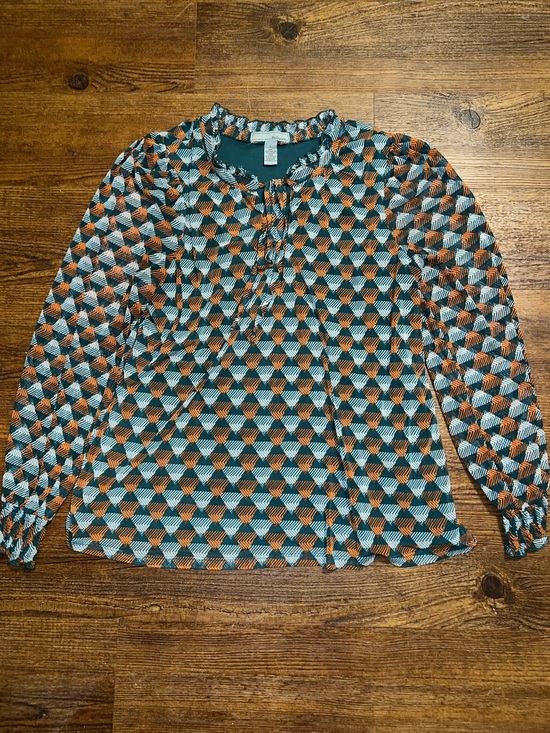 By Design Tops - Geometric Teal Retro Blouse 70’s Ruffle Puff Balloon Sleeve Orange Boho Size L
